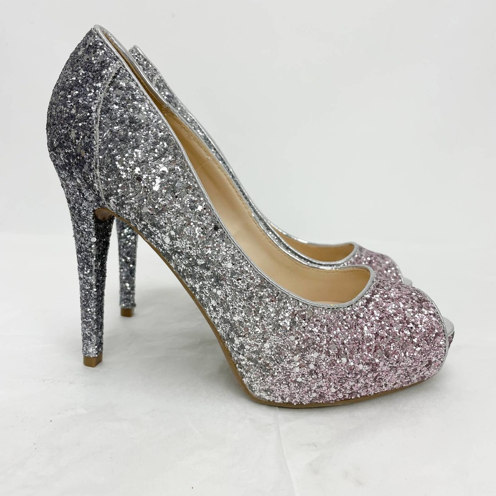Marc Fisher Harpyly Heels Pumps Sz 8M Silver Pink Peep Toe Sparkle Glitter NWOB